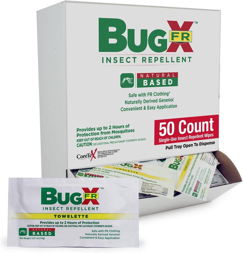 coretex Bug X FR DEET-Free Insect Repellent Wipes - Pack of 50 Single-Use, Naturally Derived Geranium Oil Bug Wipes - Protects Against Mosquitoes - Travel Size Mosquito Repellent Towelettes - Image 1